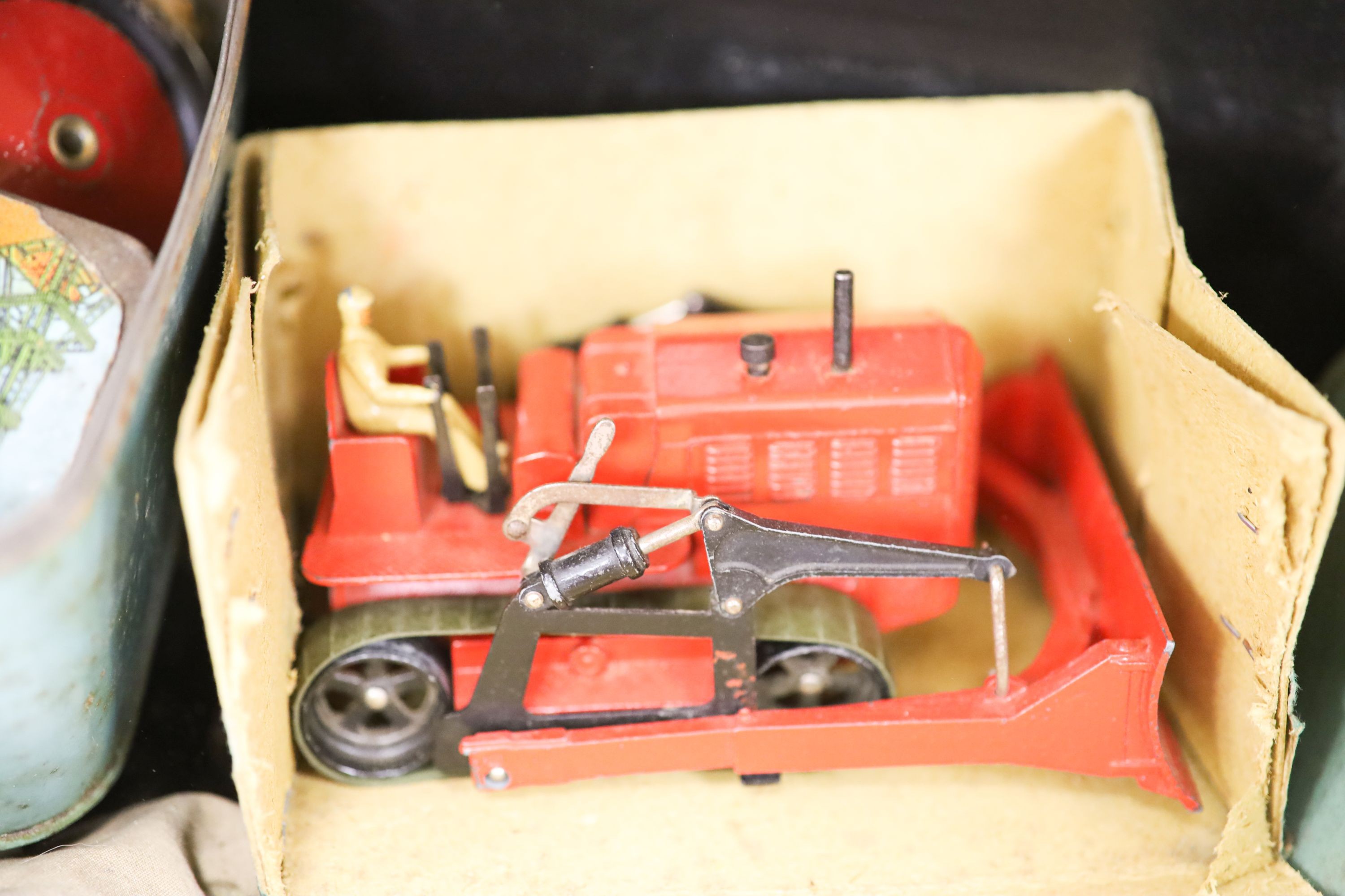 A box of Dinky cars, Hornby loco, Minic, Meccano etc